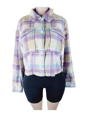 For The Republic Women's Neutral Purple Blue Plaid Button-Front Shacket Size L